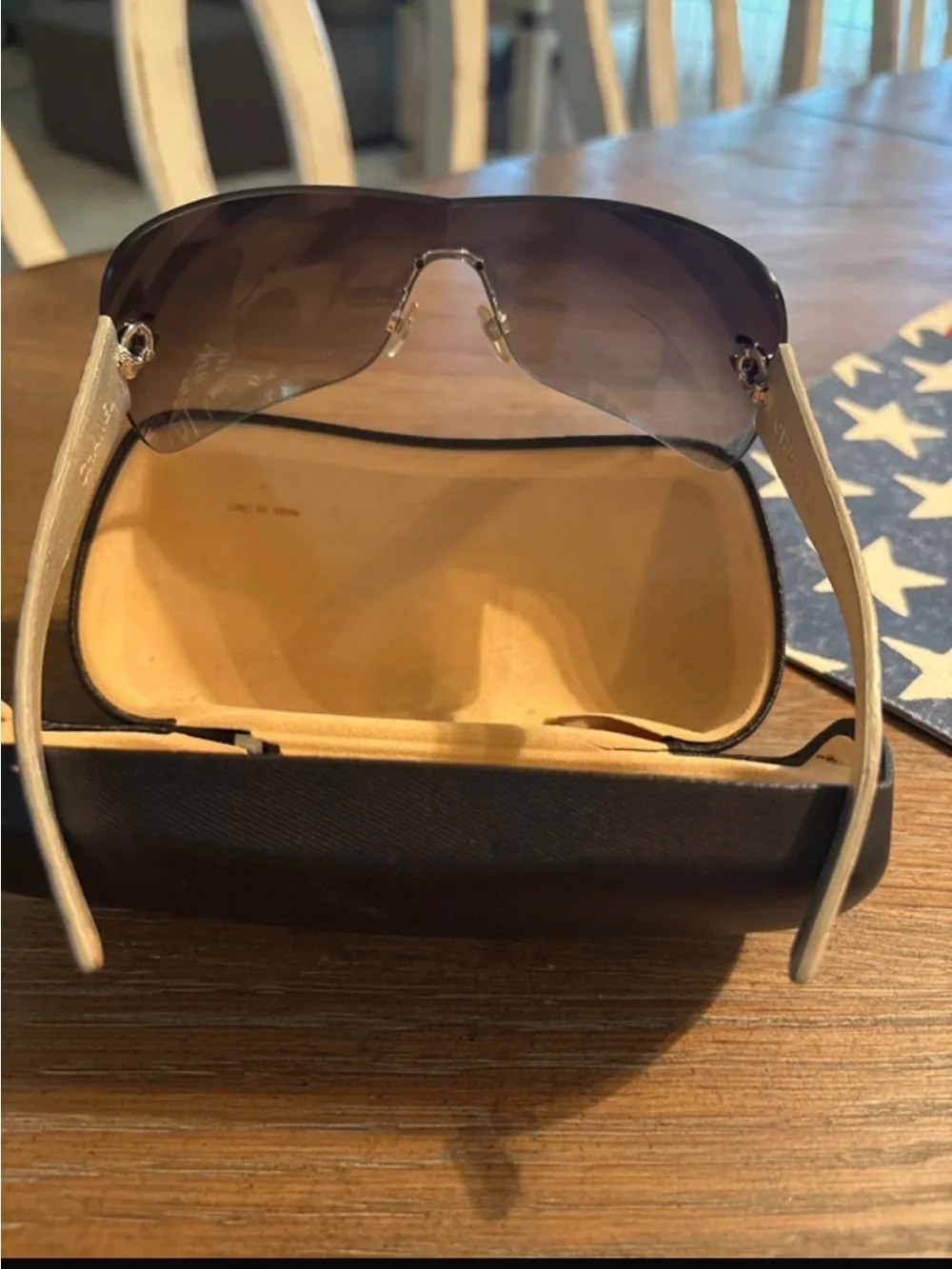 CHANEL White Quilted Temple Shield Sunglasses with Brown Gradient Lenses